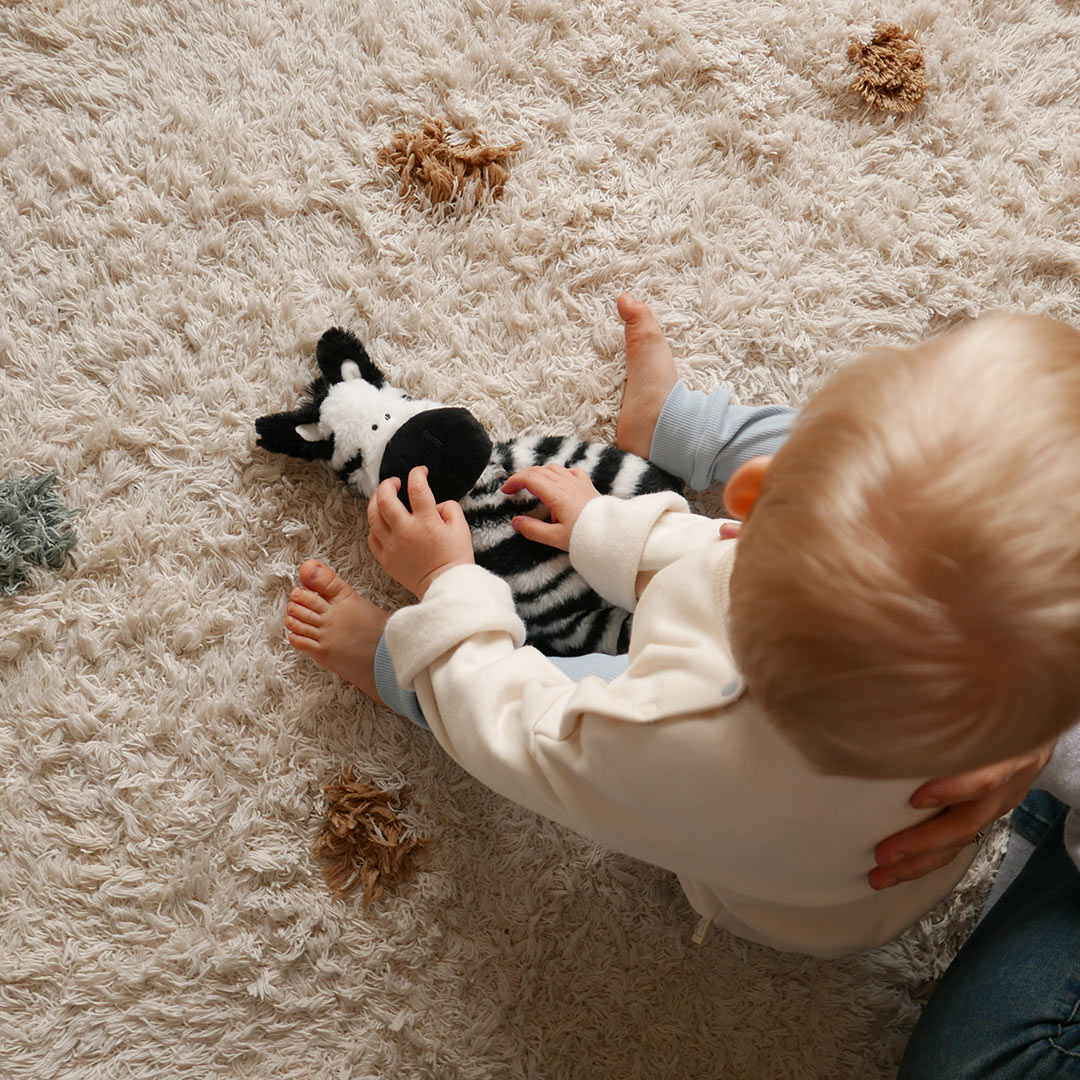 Baby playing with zebra soft toy