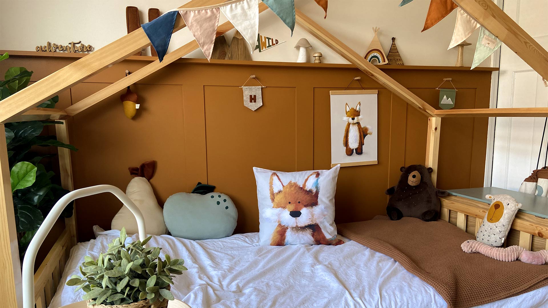 Fox design children's cushion on kids bed