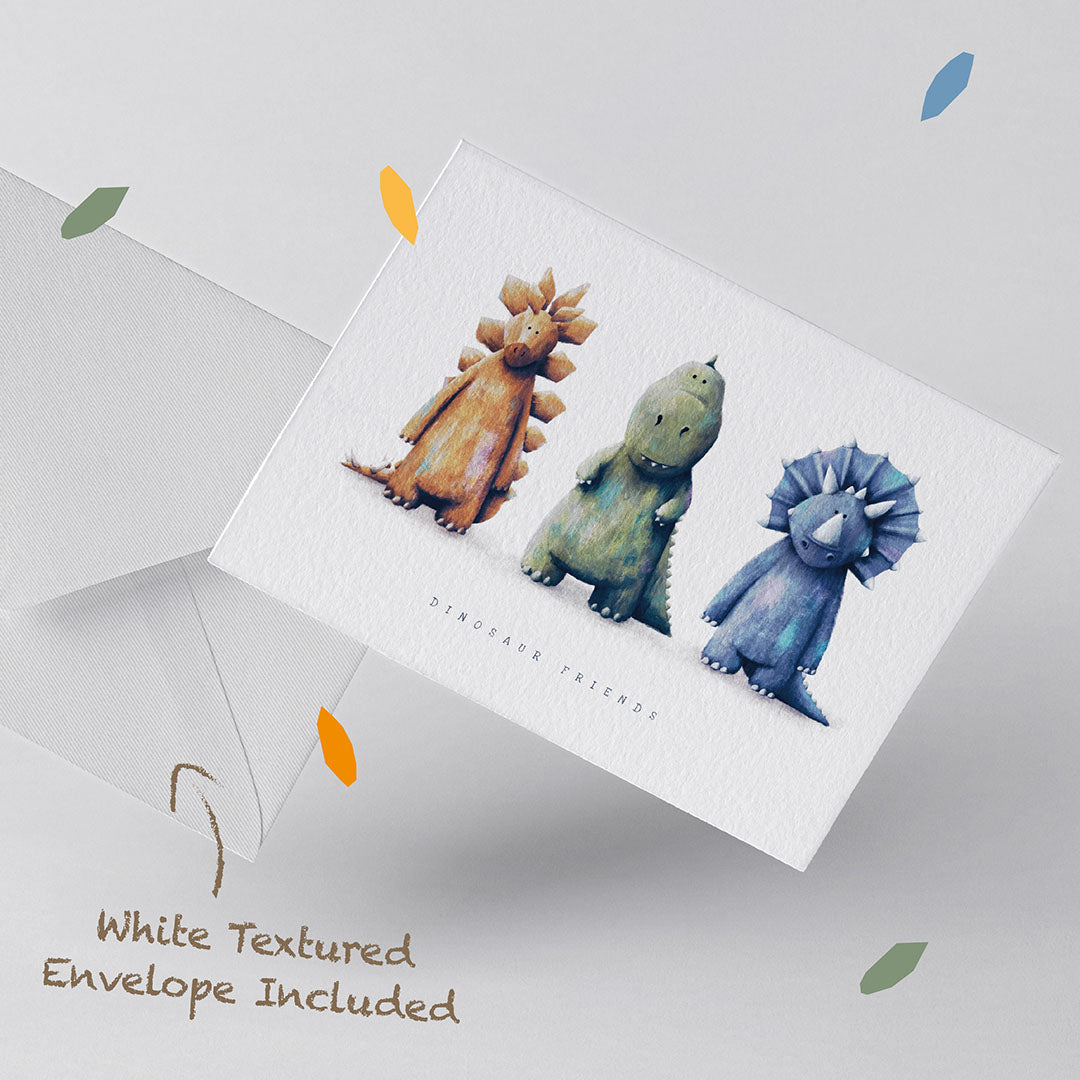 A dinosaur themed Children's Greetings Card with a textured white envelope