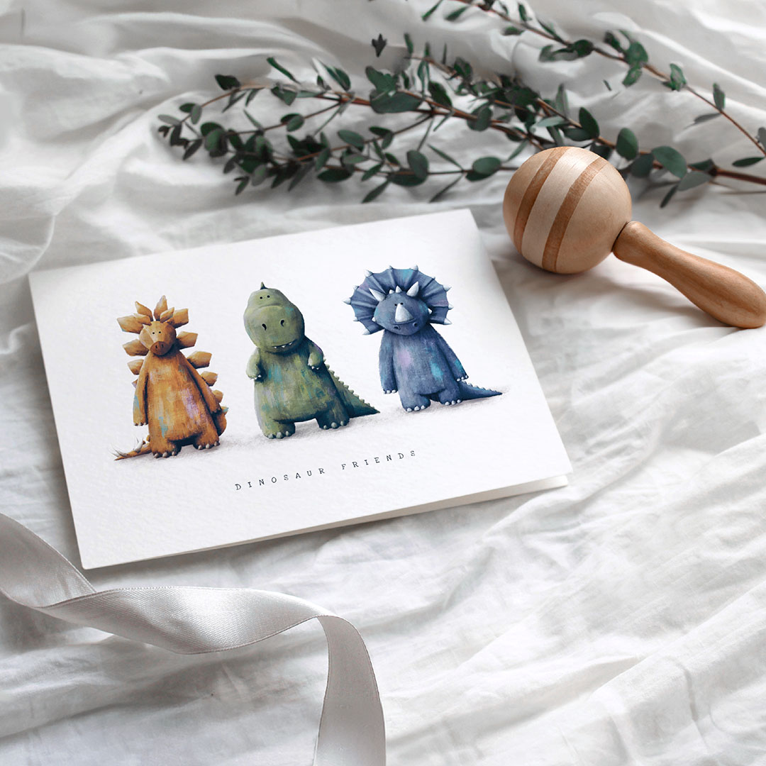 A dinosaur themed Children's Greetings Card - The perfect Newborn, Birthday or Baby Shower Card