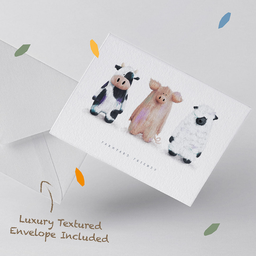 A farmyard themed Children's Greetings Card with a textured white envelope