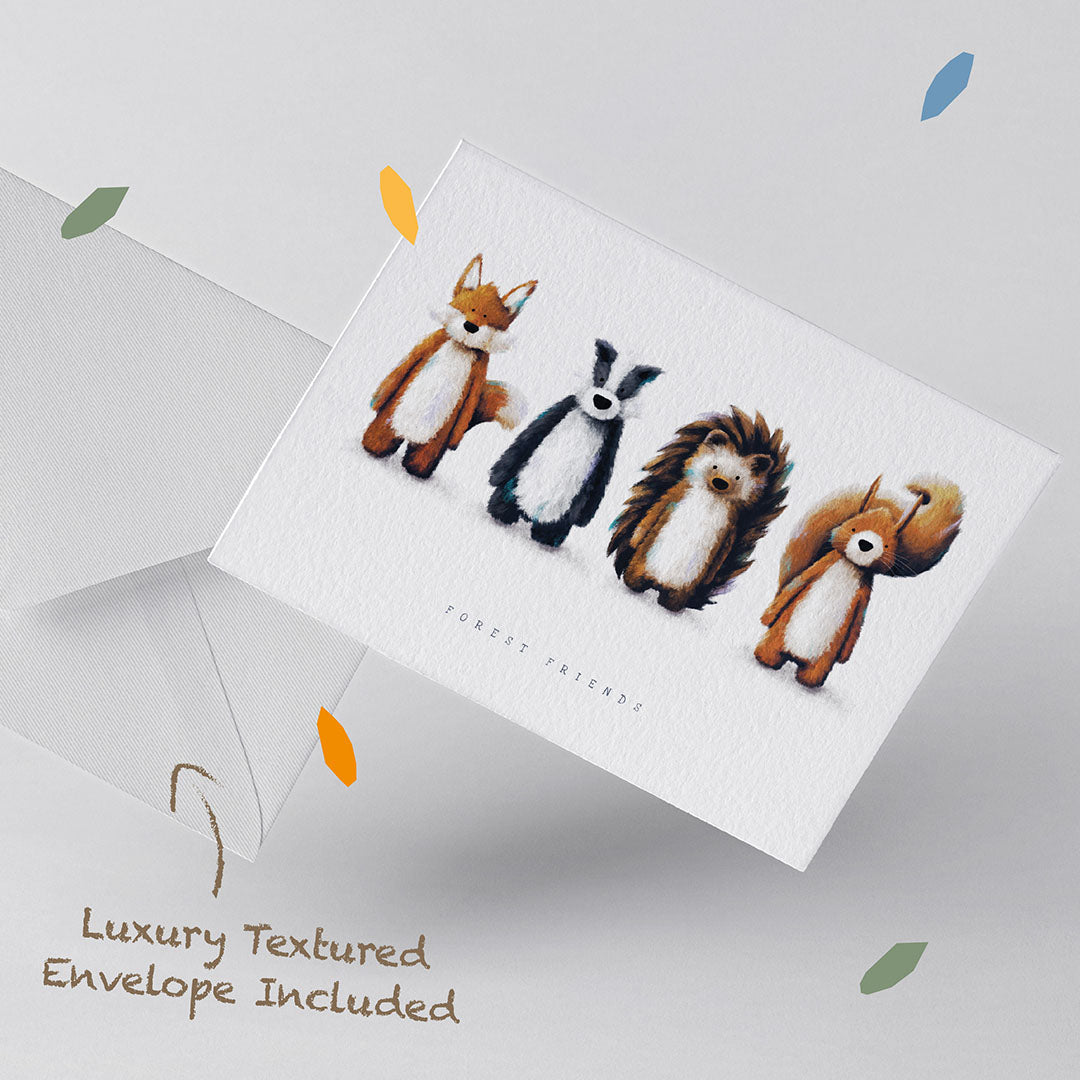 A woodland themed Children's Greetings Card with a textured white envelope