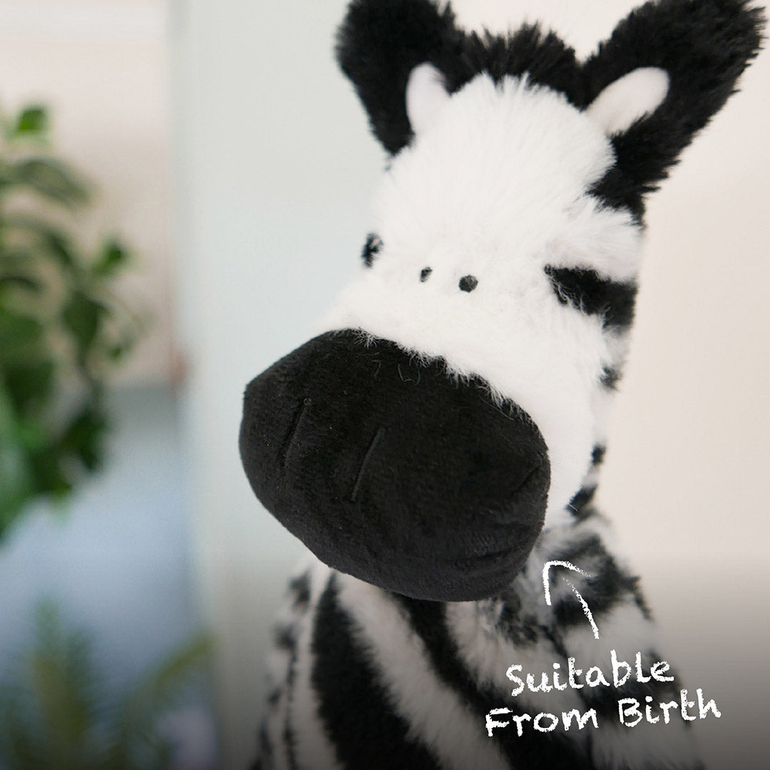 Zebra Soft Toy Close up with message: suitable from birth